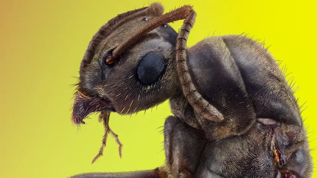 A macro photograph of an ant in profile