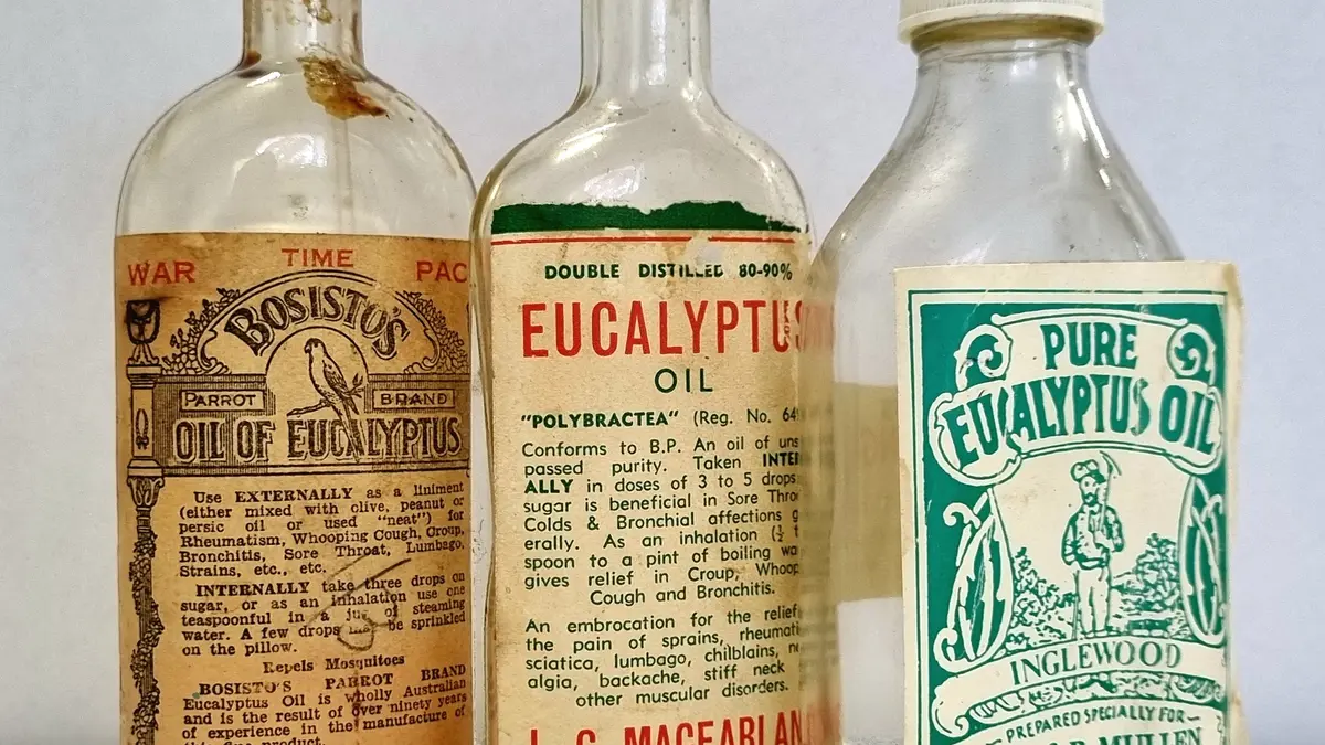 A group of labelled eucalyptus-oil bottles