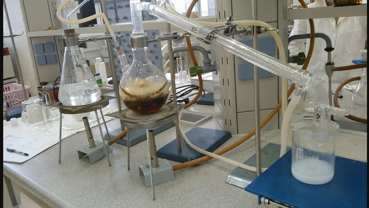 Glass laboratory equipment used for steam distillation of essential oils