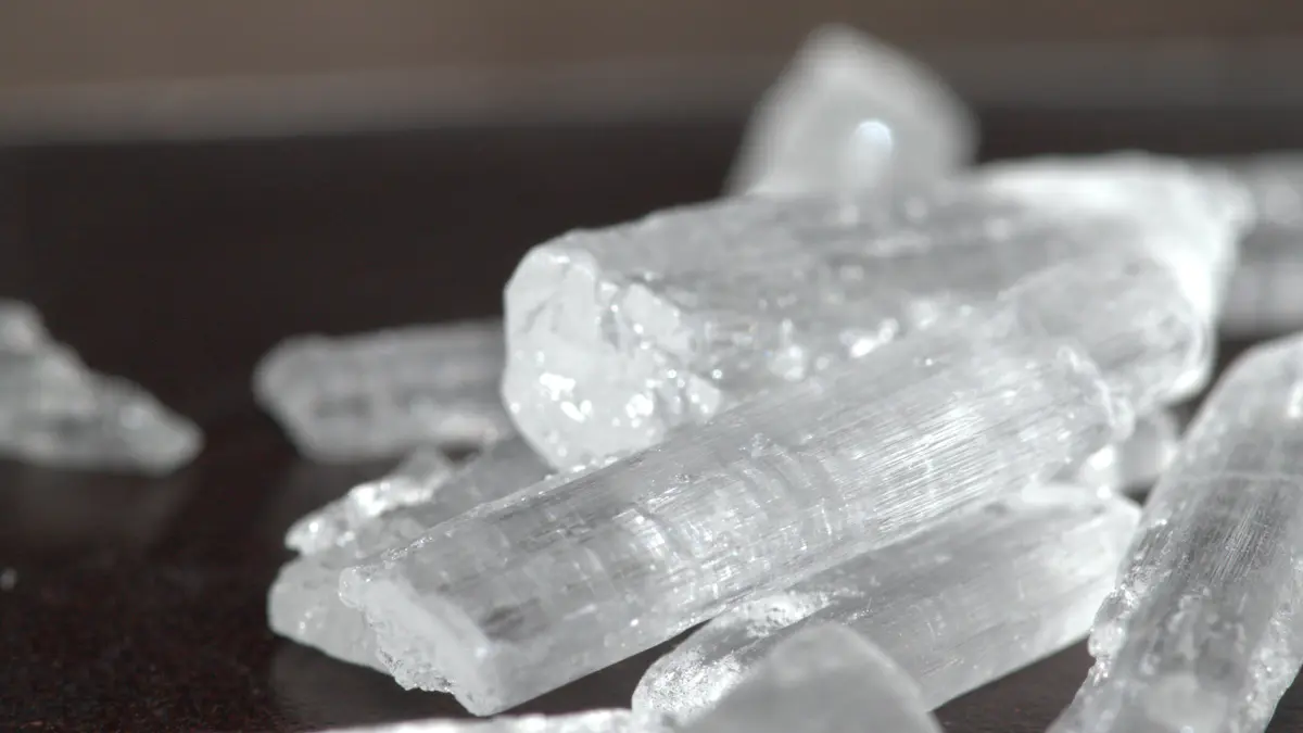 A close view of clear menthol crystals
