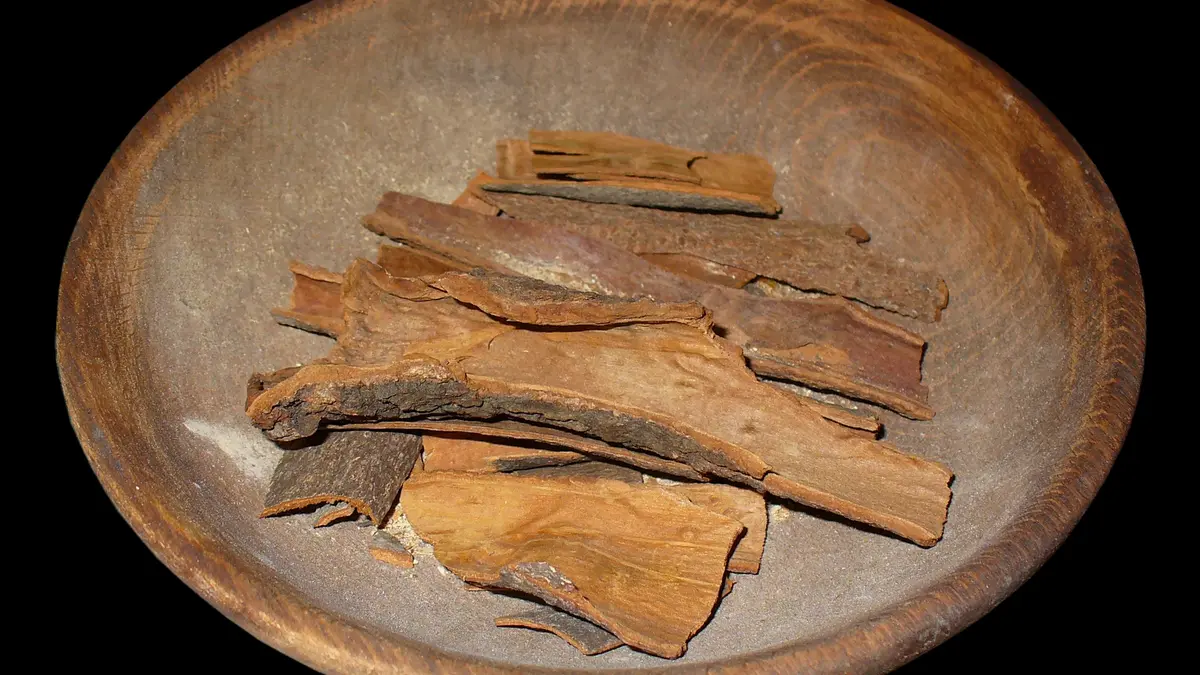 Dried pieces of cassia bark arranged in a wooden bowl