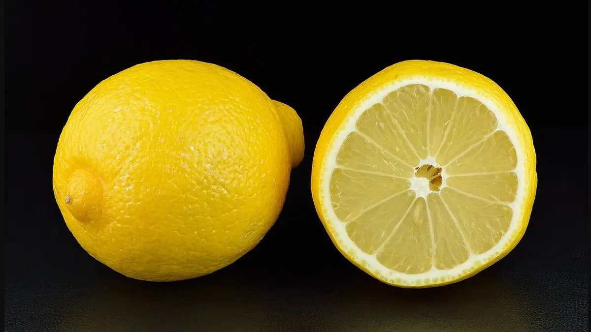 A whole yellow lemon beside a cut half